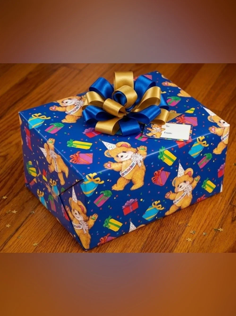 VTG 90s Carlton Cards Birthday Blue & Presents Bear Gift Wrap - 2 Pack